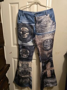 Blue Patterned Flare Jeans with Skull and Cross Motif